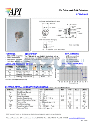 PDU-G101A datasheet - UV Enhanced GaN Detectors
