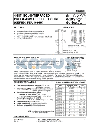 PDU1016H-15M datasheet - 4-BIT, ECL-INTERFACED PROGRAMMABLE DELAY LINE