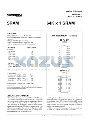 MT5C6401 datasheet - 64K x 1 SRAM