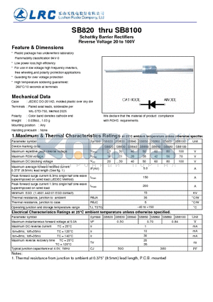 SB850 datasheet - Schottky Barrier Rectifiers Reverse Voltage 20 to 100V