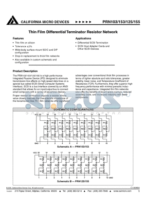 PRN103 datasheet - THIN FILM DIFFERENTIAL TERMINATOR RESISTOR NETWORK