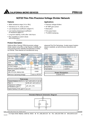 PRN105 datasheet - SOT23 Thin Film Precision Voltage Divider Network