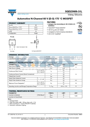 SQD23N06-31L datasheet - Automotive N-Channel 60 V (D-S) 175 `C MOSFET