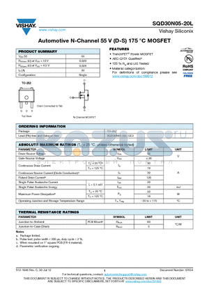 SQD30N05-20L datasheet - Automotive N-Channel 55 V (D-S) 175 `C MOSFET