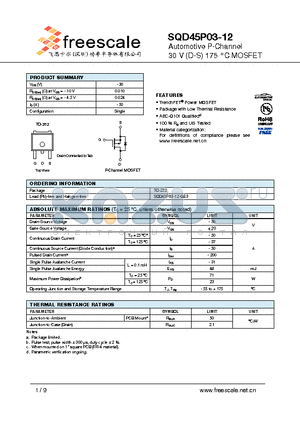 SQD45P03-12 datasheet - Automotive P-Channel 30 V (D-S) 175 `C MOSFET