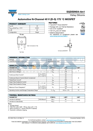 SQD50N04-4M1 datasheet - Automotive N-Channel 40 V (D-S) 175 `C MOSFET