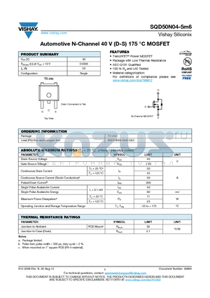 SQD50N04-5M6 datasheet - Automotive N-Channel 40 V (D-S) 175 `C MOSFET