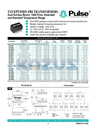 T1077 datasheet - T1/CEPT/ISDN-PRI TRANSFORMERS Dual Surface Mount, 1500 Vrms, Extended and Standard Temperature Range