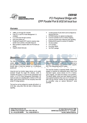 OX9160 datasheet - PCI Peripheral Bridge with EPP Parallel Port & 8/32 bit local bus