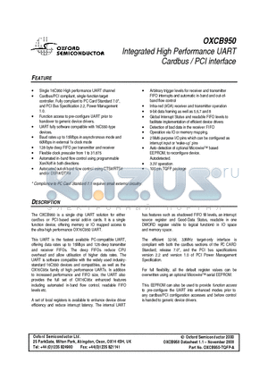 OXCB950 datasheet - Integrated High Performance UART Cardbus / PCI interface