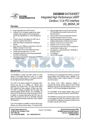 OXCB950-TQAG datasheet - Integrated High Performance UART Cardbus / 3.3v PCI interface