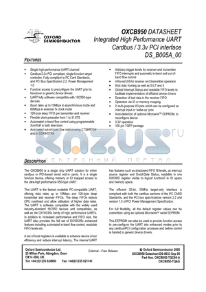 OXCB950 datasheet - Integrated High Performance UART Cardbus / 3.3v PCI interface