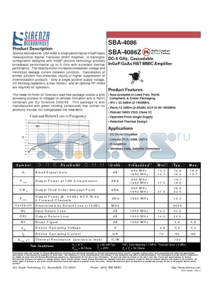 SBA-4086 datasheet - DC-5 GHz, Cascadable InGaP/GaAs HBT MMIC Amplifier