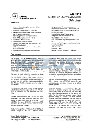 OXFW911 datasheet - IEEE1394 to ATA/ATAPI Native Bridge