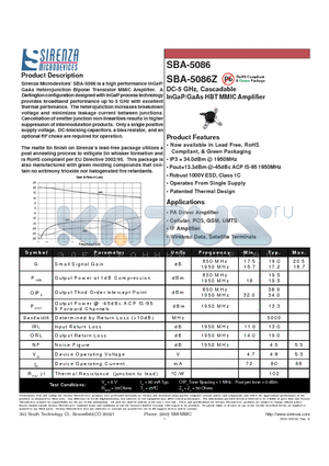 SBA-5086Z datasheet - DC-5 GHz, Cascadable InGaP/GaAs HBT MMIC Amplifier