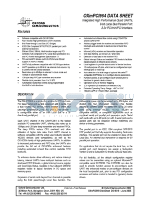 OXMPCI954-LQAG datasheet - Integrated High Performance Quad UARTs, 8-bit Local Bus/Parallel Port. 3.3v PCI/miniPCI interface.