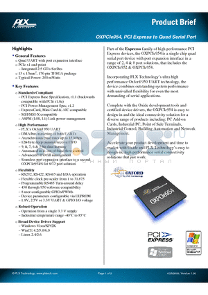 OXPCIE954 datasheet - PCI Express to Quad Serial Port