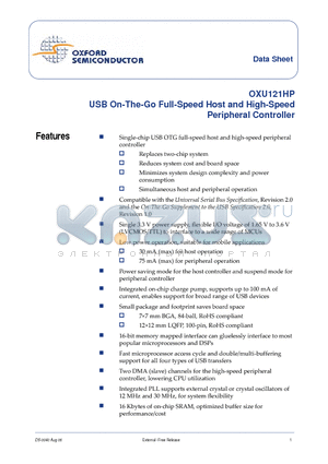 OXU121HP datasheet - USB On-The-Go Full-Speed Host and High-Speed Peripheral Controller