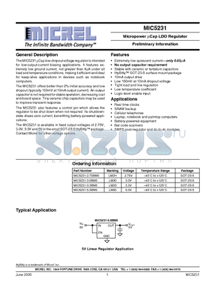 MIC5231-2.75BM5 datasheet - Micropower lCap LDO Regulator Preliminary Information
