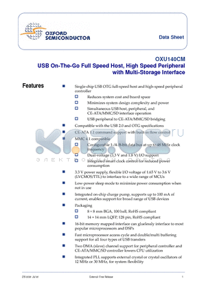 OXU140CM-PBBG datasheet - USB On-The-Go Full Speed Host, High Speed Peripheral with Multi-Storage Interface