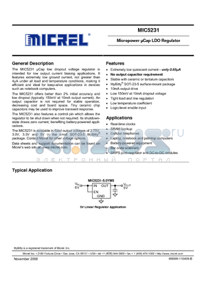 MIC5231-5.0BM5 datasheet - Micropower lCap LDO Regulator