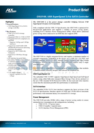 OXU3100 datasheet - The OXU3100 is a low power storage controller bridging between USB SuperSpeed 3.0 and a SATA hard disk.