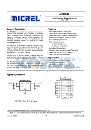 MIC5232-3.3YD5 datasheet - 10mA Ultra-Low Quiescent Current uCap LDO