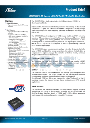 OXU931DS datasheet - Hi-Speed USB 2.0 to SATA/eSATA Controller