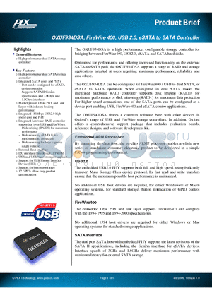 OXUF934DSA datasheet - FireWire 400, USB 2.0, eSATA to SATA Controller