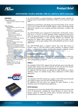OXUF934DSBLQAG datasheet - FireWire 800/400, USB 2.0, eSATA to SATA Controller