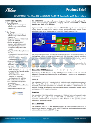 OXUF943SE datasheet - FireWire 800 or USB 2.0 to SATA Controller with Encryption