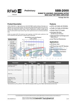 SBB-2000 datasheet - 50MHZ TO 1000MHZ, CASCADABLE ACTIVE BIAS InGaP HBT MMIC AMPLIFIER