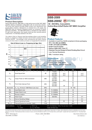 SBB-2089Z datasheet - 50 - 850 MHz, Cascadable Active Bias InGaP/GaAs HBT MMIC Amplifier