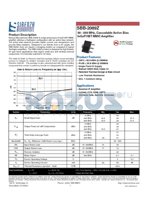 SBB-2089Z datasheet - 50 - 850 MHz, Cascadable Active Bias InGaP HBT MMIC Amplifier