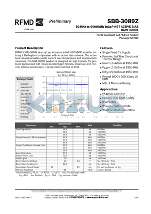 SBB-3089Z-EVB1 datasheet - 50MHz to 6000MHz InGaP HBT ACTIVE BIAS GAIN BLOCK