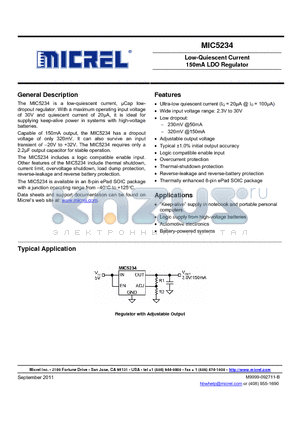 MIC5234 datasheet - Low-Quiescent Current 150mA LDO Regulator