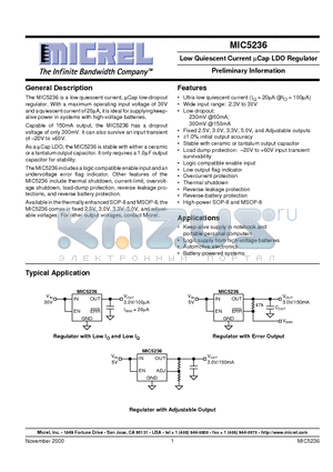 MIC5236-2.5BM datasheet - Low Quiescent Current lCap LDO Regulator Preliminary Information