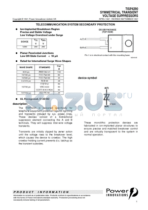 TISP4290 datasheet - SYMMETRICAL TRANSIENT VOLTAGE SUPPRESSORS