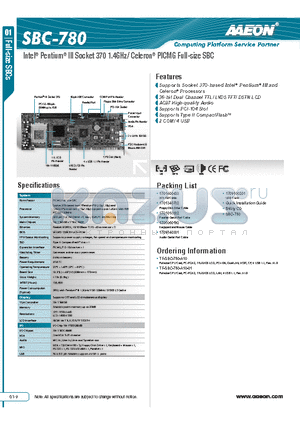 SBC-780 datasheet - Intel^ Pentium^ III Socket 370 1.4GHz/ Celeron^ PICMG Full-size SBC