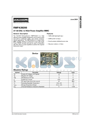 RMPA39200 datasheet - 37-40 GHz 1.6 Watt Power Amplifier MMIC