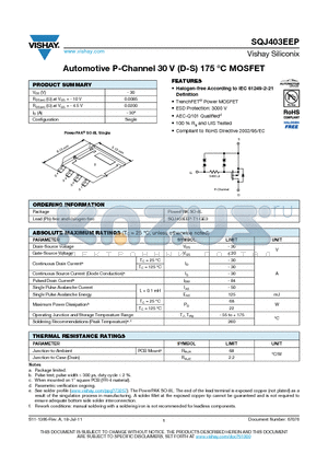 SQJ403EEP datasheet - Automotive P-Channel 30 V (D-S) 175 `C MOSFET