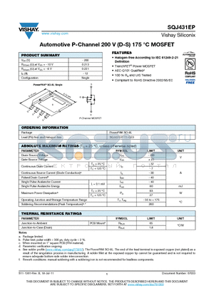 SQJ431EP datasheet - Automotive P-Channel 200 V (D-S) 175 `C MOSFET