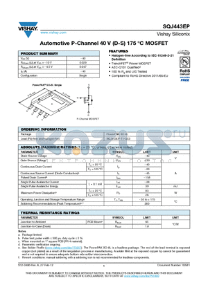 SQJ443EP datasheet - Automotive P-Channel 40 V (D-S) 175 `C MOSFET