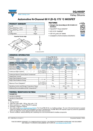 SQJ460EP datasheet - Automotive N-Channel 60 V (D-S) 175 `C MOSFET