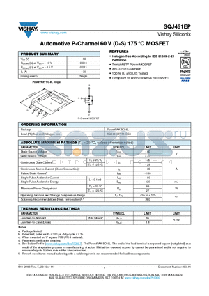 SQJ461EP datasheet - Automotive P-Channel 60 V (D-S) 175 `C MOSFET