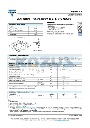 SQJ465EP datasheet - Automotive P-Channel 60 V (D-S) 175 `C MOSFET