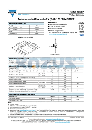 SQJ848AEP datasheet - Automotive N-Channel 40 V (D-S) 175 `C MOSFET