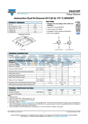 SQJ912EP datasheet - Automotive Dual N-Channel 40 V (D-S) 175 `C MOSFET