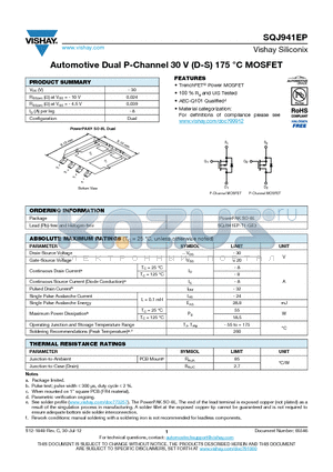 SQJ941EP datasheet - Automotive Dual P-Channel 30 V (D-S) 175 `C MOSFET