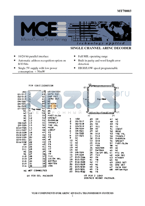 MT70003 datasheet - SINGLE CHANNEL ARINC DECODER